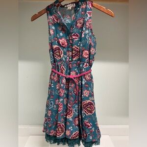 Knitworks Girls Dress – Teal Floral with Pink Accents, Size 10